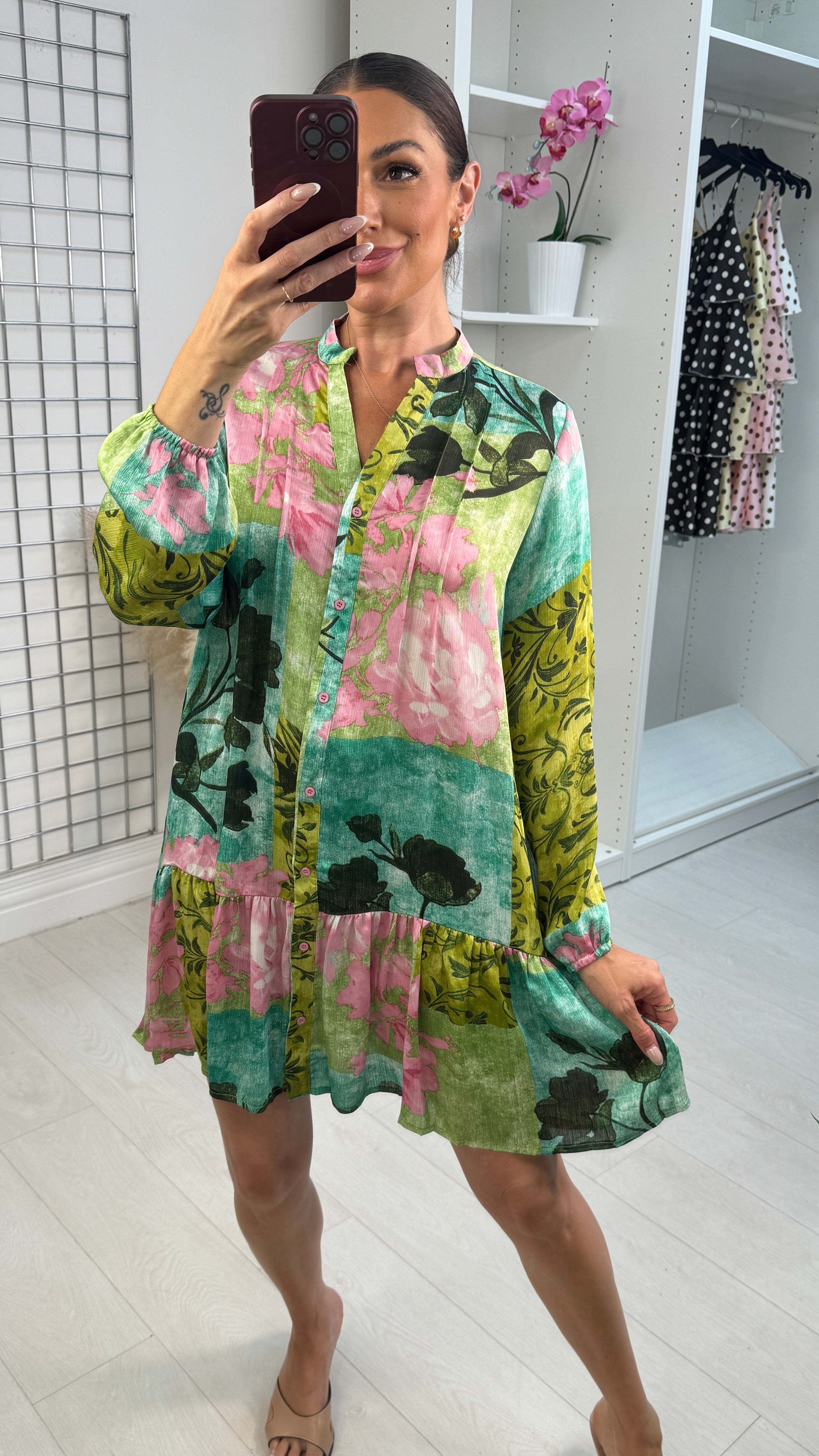 Sirena Floral Print Button Front Smock Dress