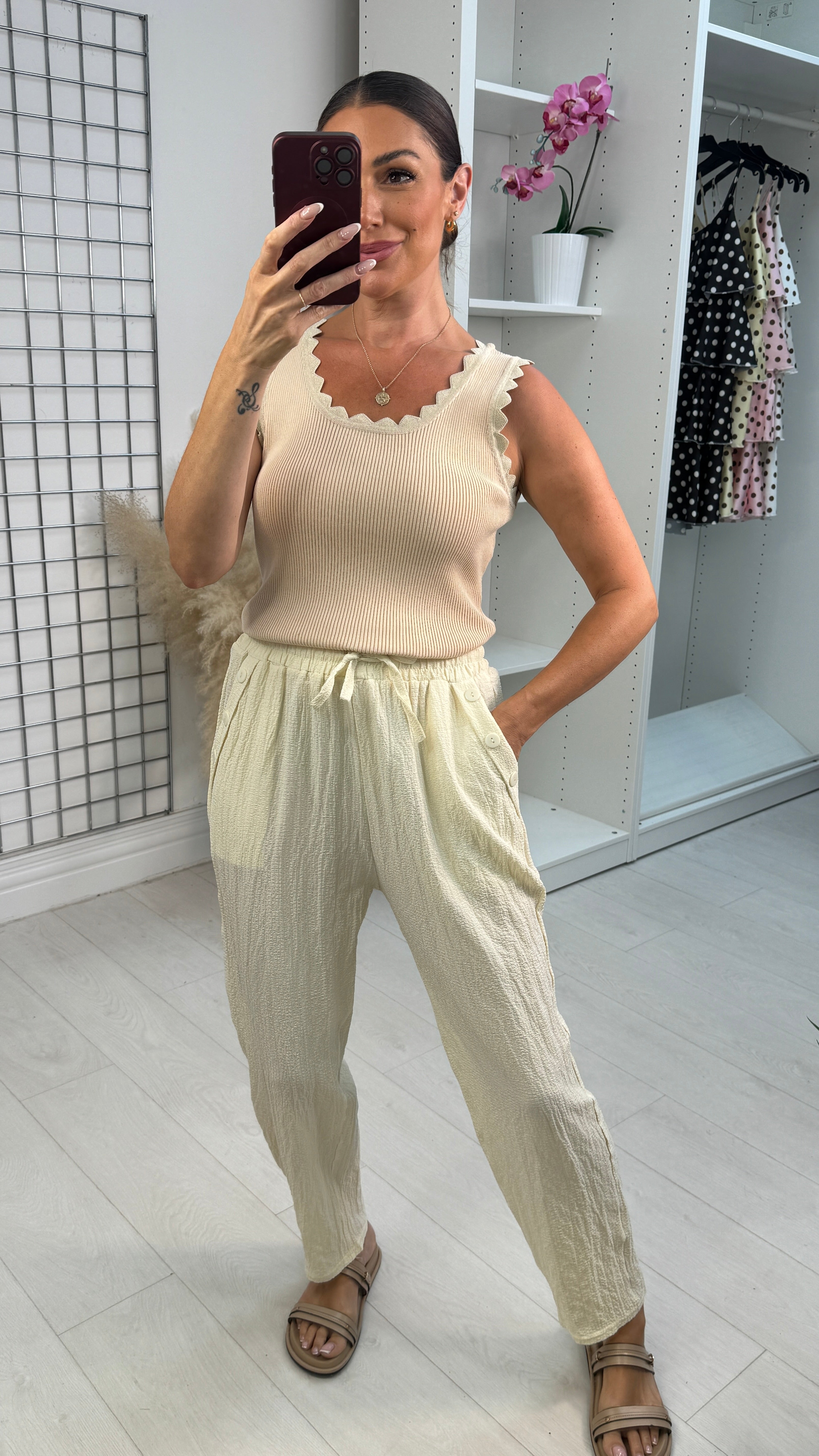 Roselle Plain Textured Wide Leg Trousers