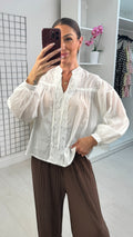 Oriva Lace Detailed V Neck Loose Fit Blouse