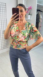Zenia Abstract Print Deep V Neck Blouse