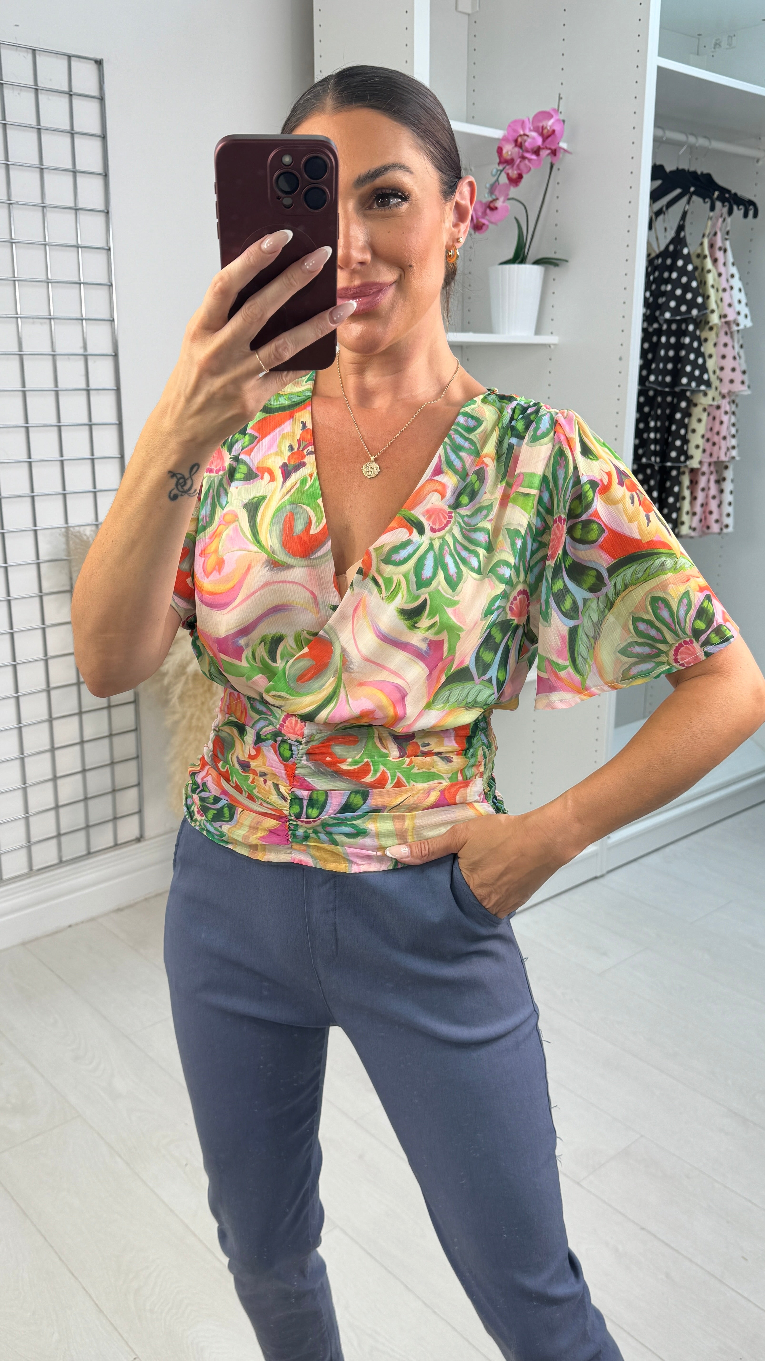 Zenia Abstract Print Deep V Neck Blouse