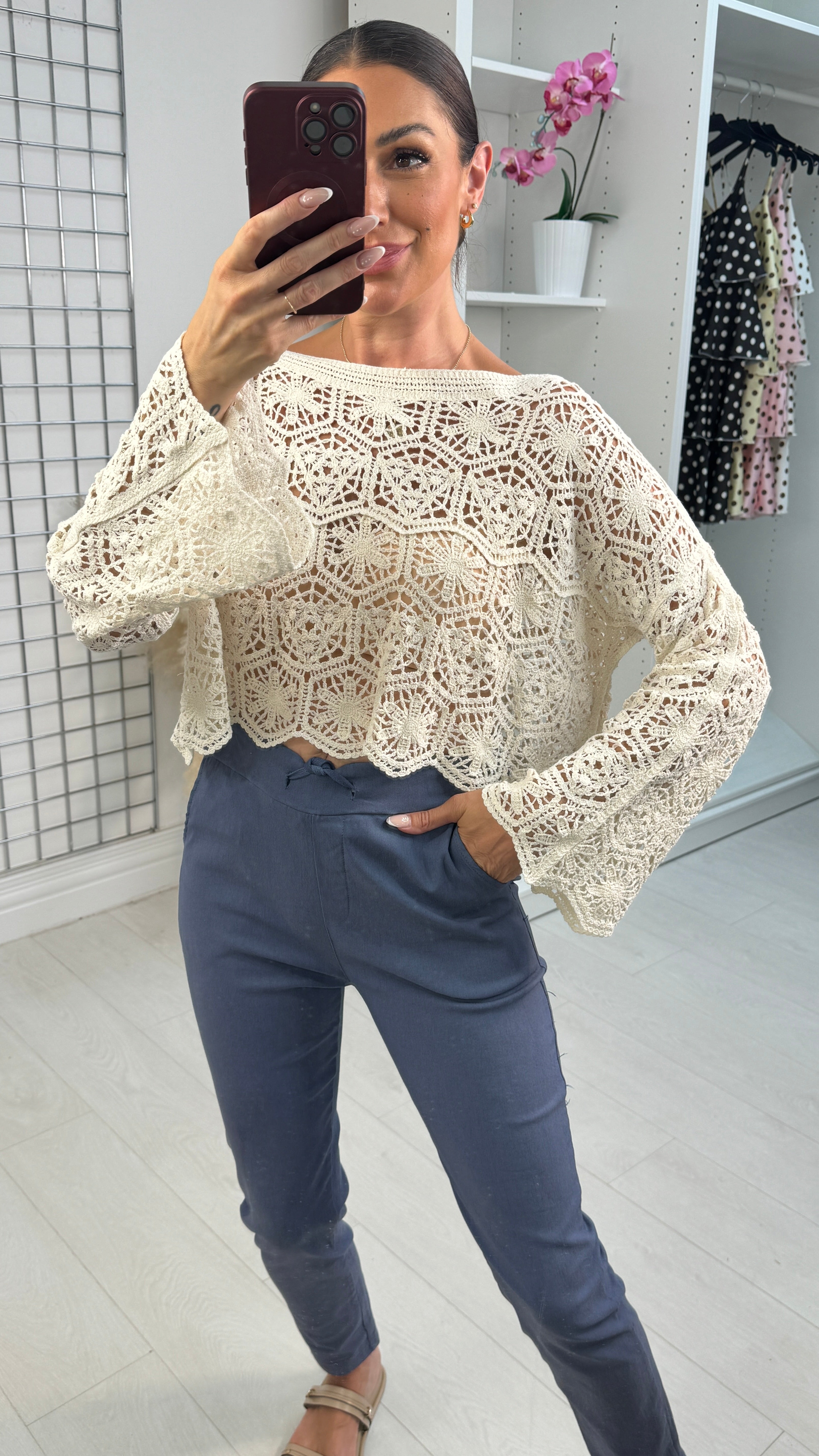 Quinna Loose Fit Long Sleeve Floral Crochet Top