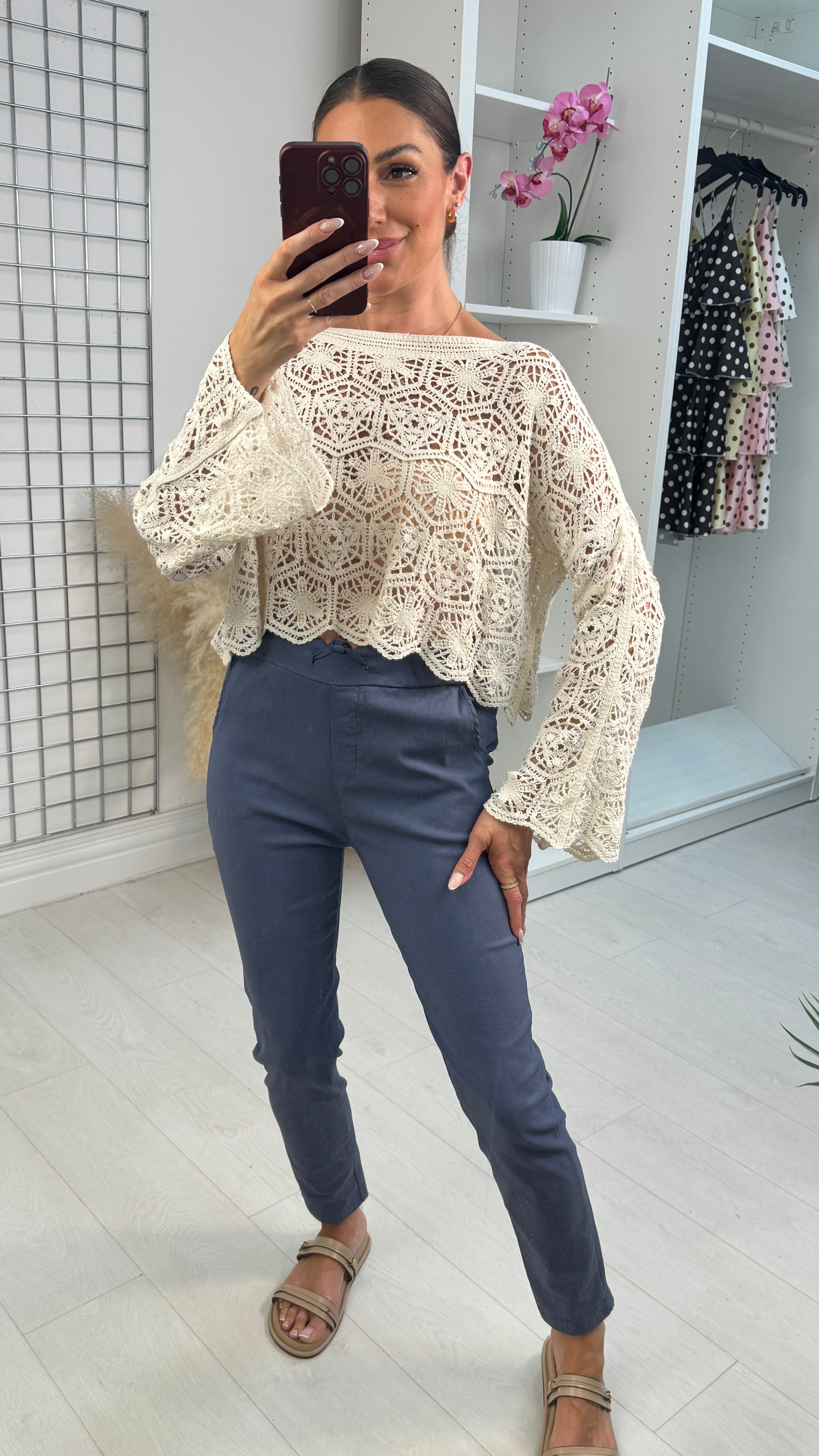 Quinna Loose Fit Long Sleeve Floral Crochet Top