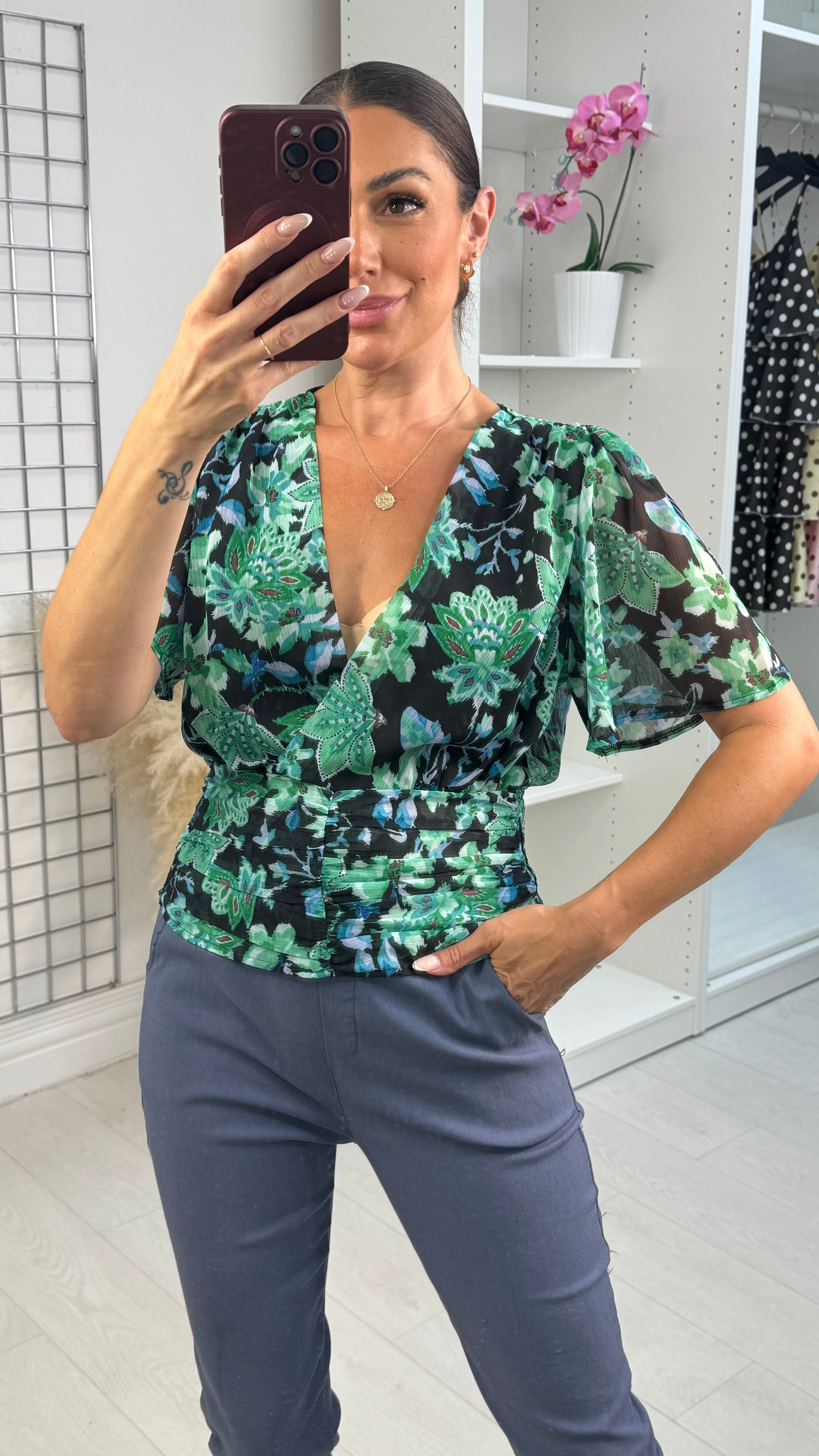 Mali Leaf Print Deep V Neck Blouse