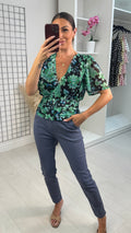 Mali Leaf Print Deep V Neck Blouse