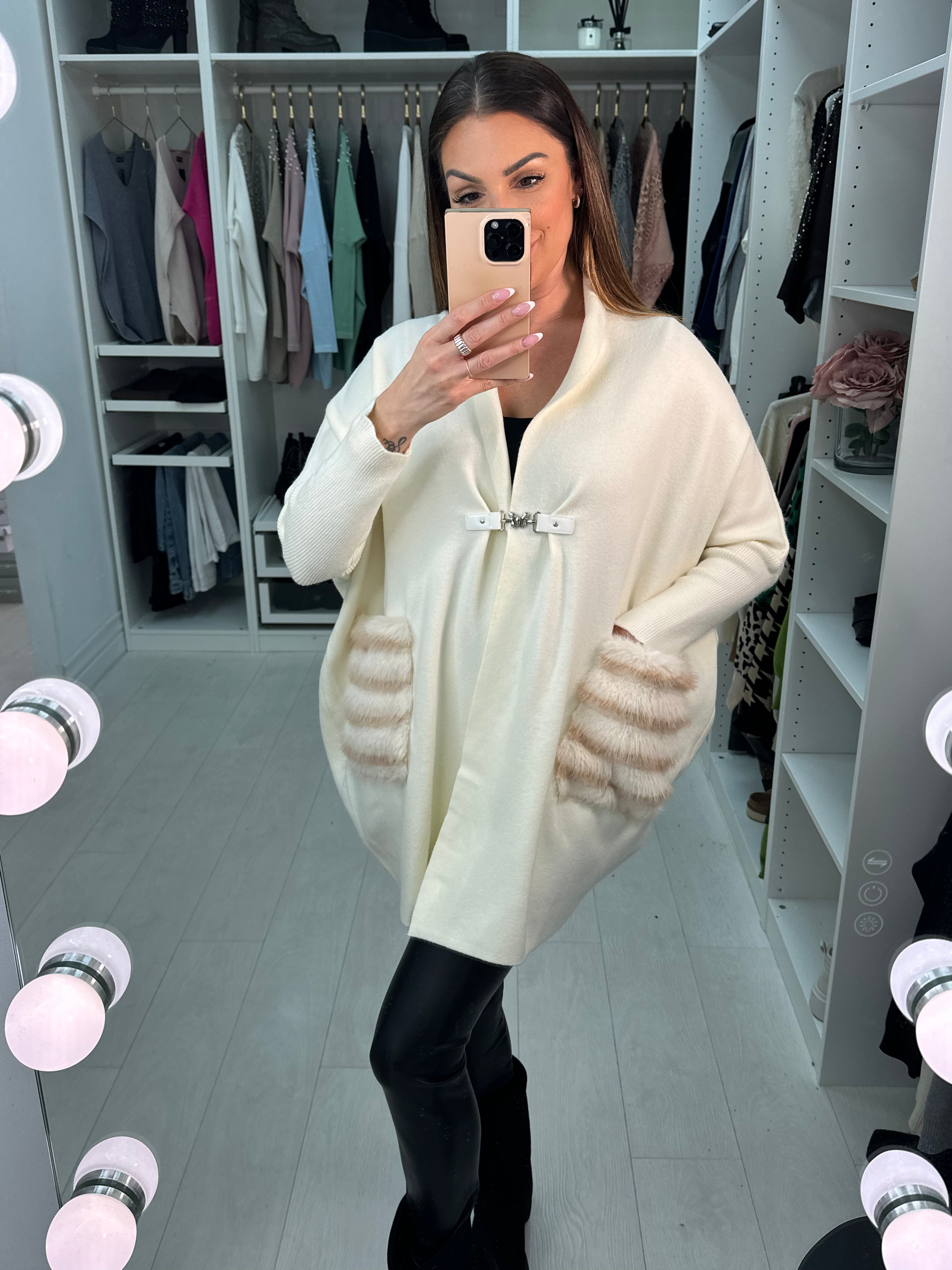 Elito Buckle Detail Faux Fur Pockets Cardigan