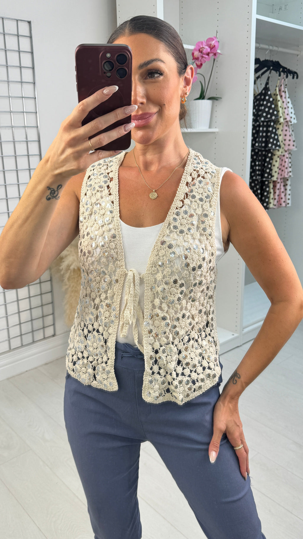 Nilana Embellished Tie Front Crochet Vest