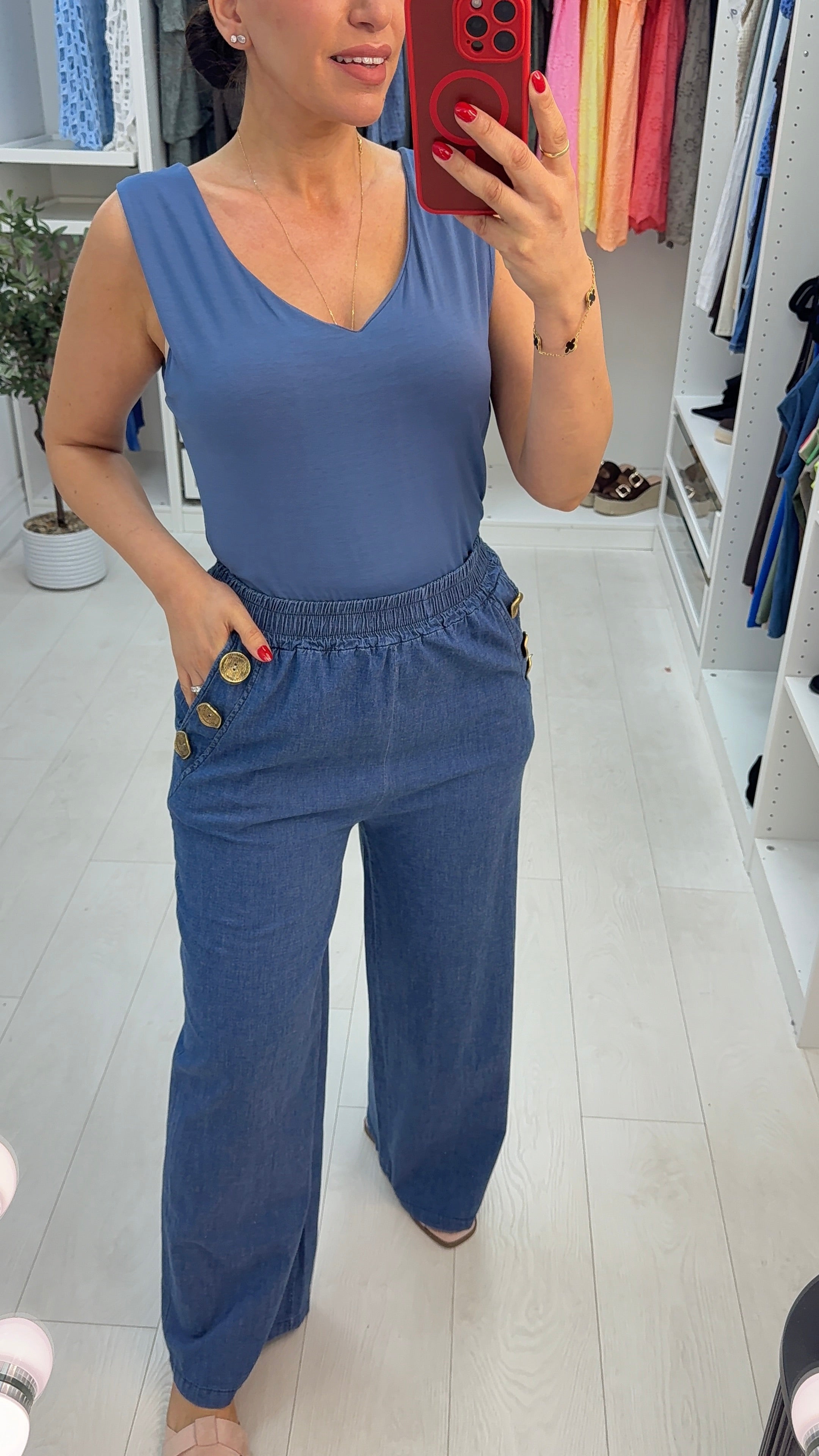 Kalia Embellished Button Wide Leg Denim Trousers