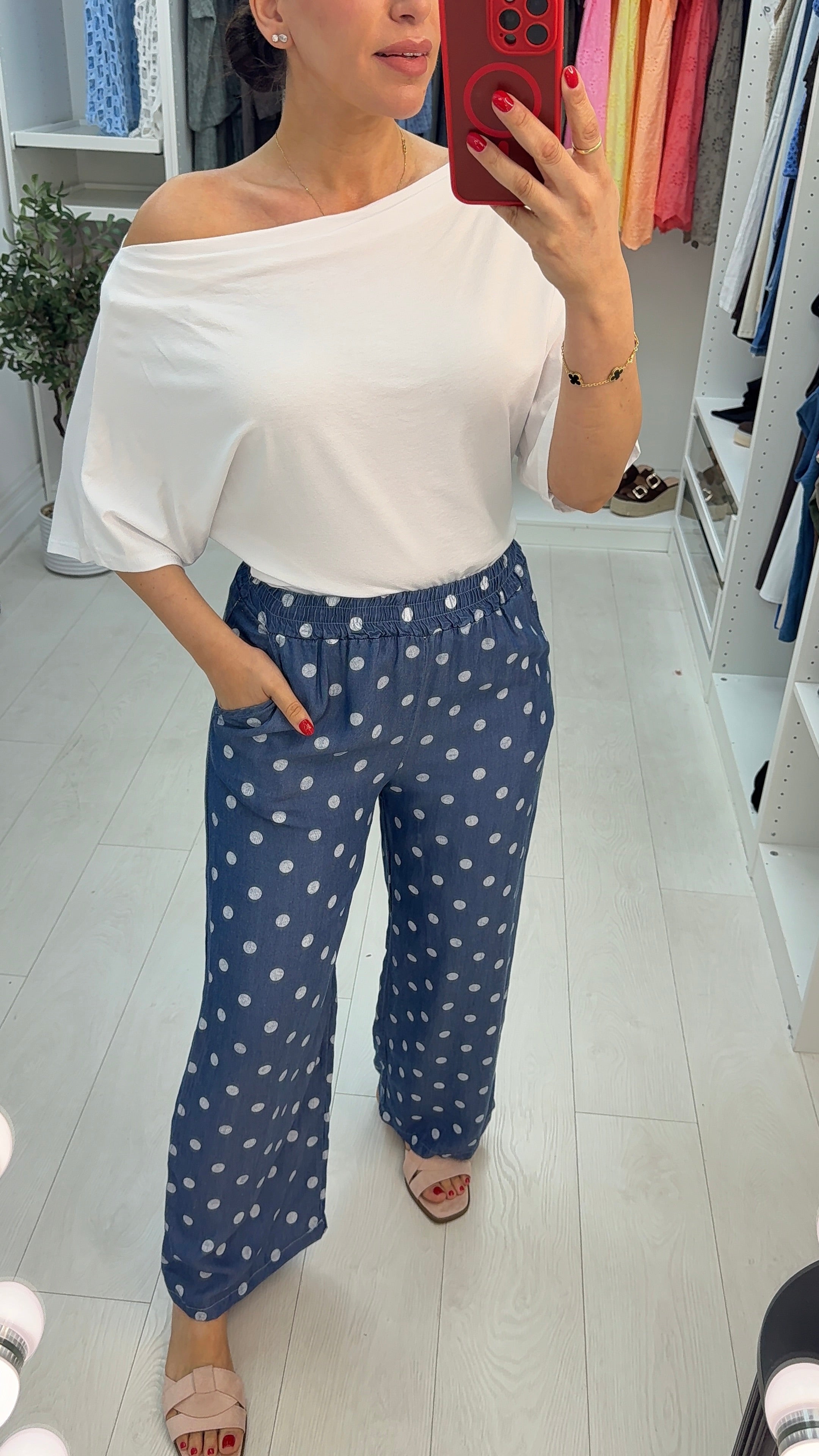 Isabeau Polka Dot Wide Leg Denim Trousers