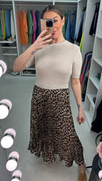 Hannah Leopard Print 2-In-1 Knitted Top Silk Pleated Dress