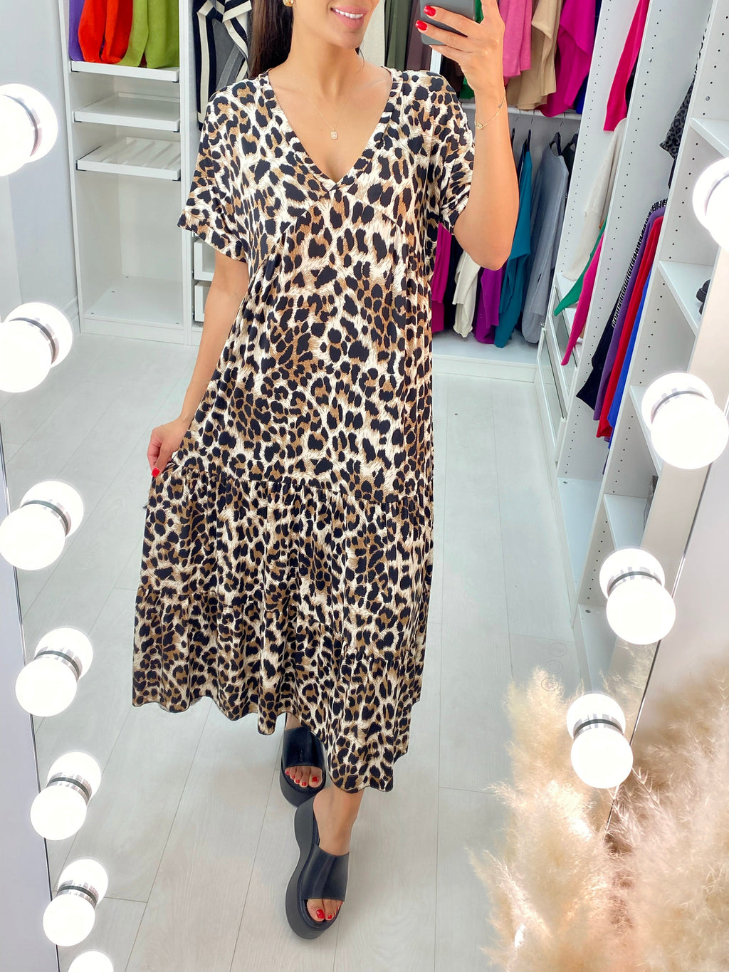 Duha Leopard Print V-Neck Smock Maxi Dress