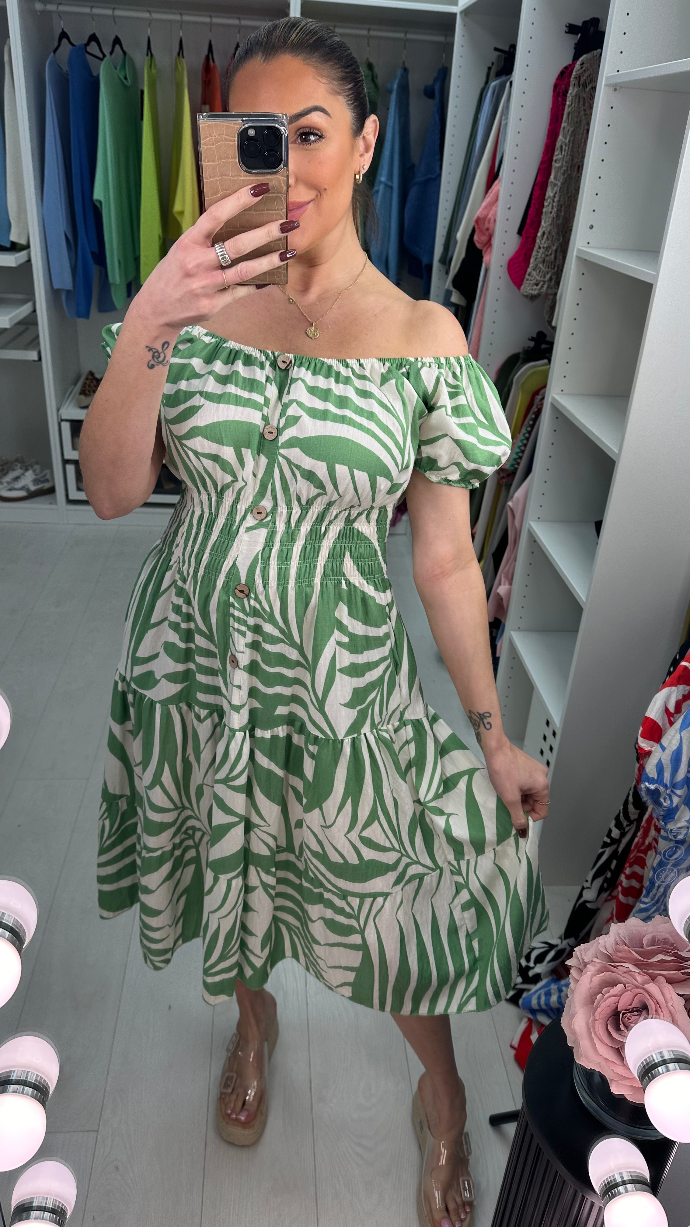 Camille Leaf Print Button Detailed Midi Dress