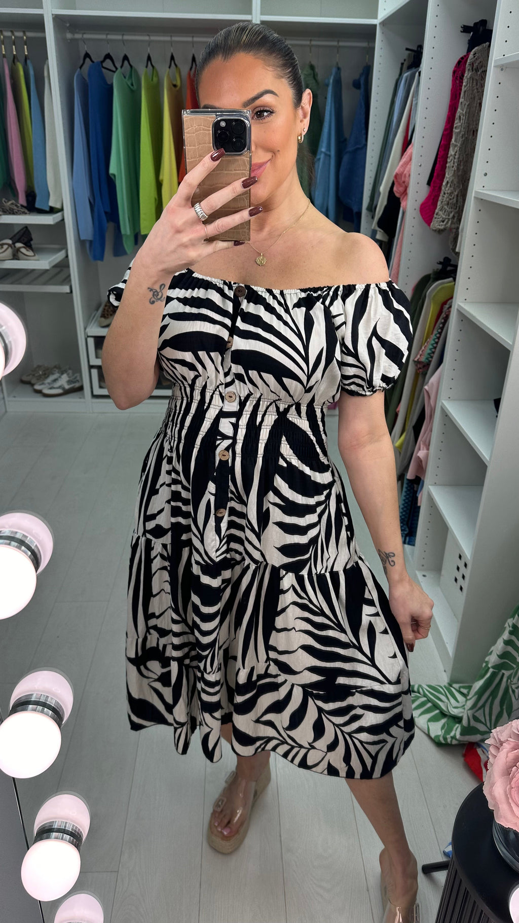 Camille Leaf Print Button Detailed Midi Dress