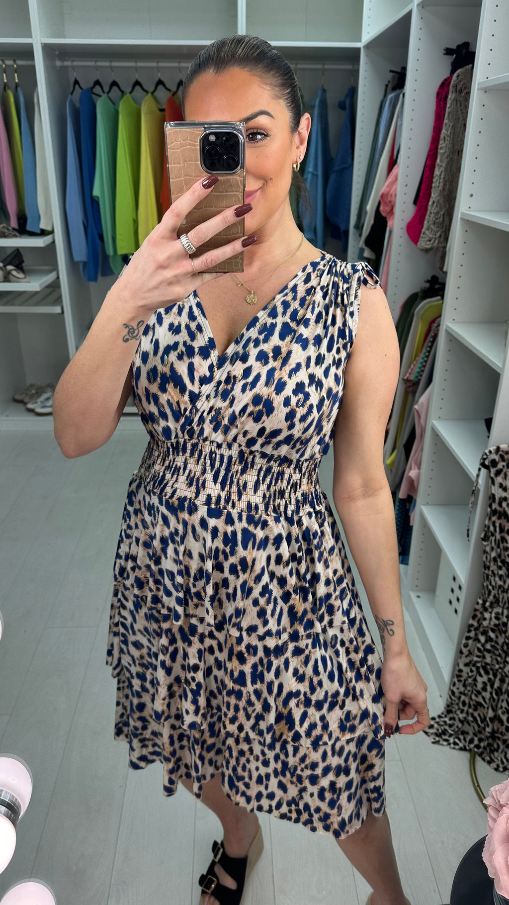 Jessica Leopard Print Shirred Waist Midi Dress