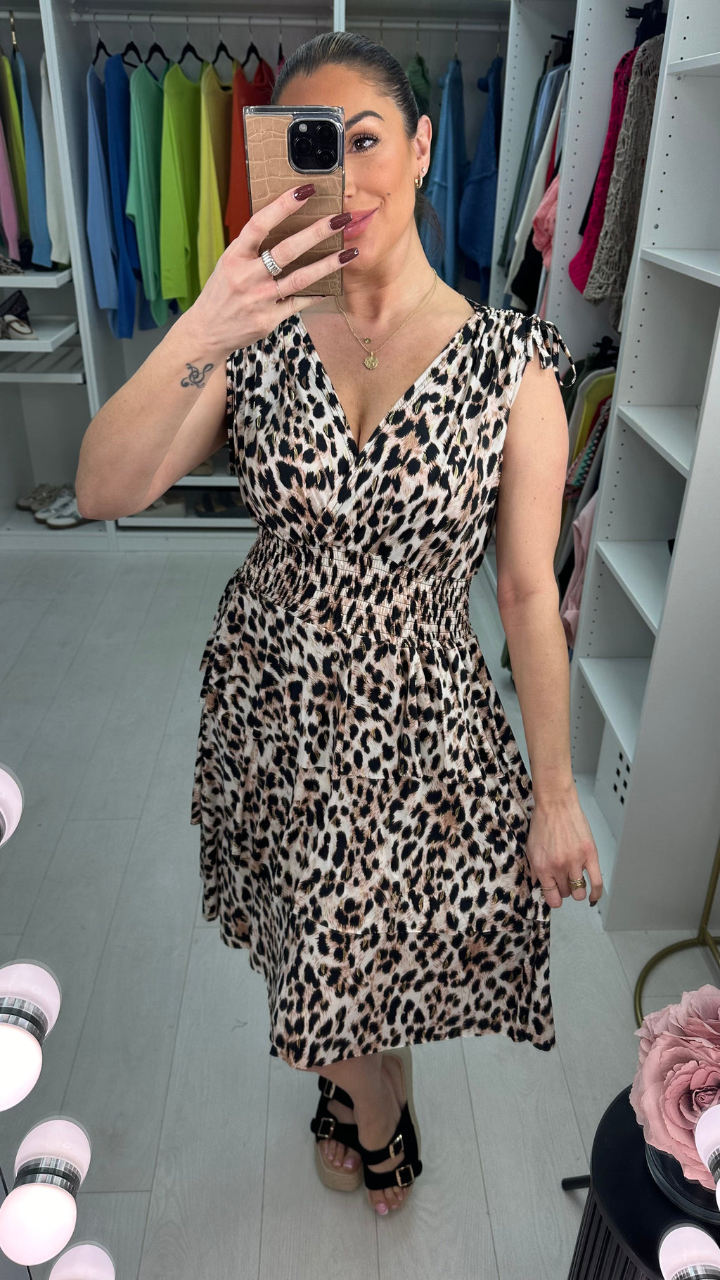 Jessica Leopard Print Shirred Waist Midi Dress