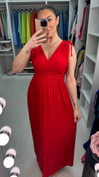 Kaci Plain Shirred Waist V Neck Maxi Magic Dress