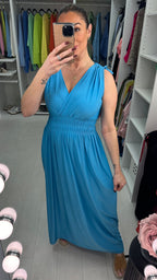 Kaci Plain Shirred Waist V Neck Maxi Magic Dress