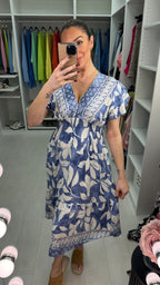 Carla Lead Print Shirred Waist V Neck Dress