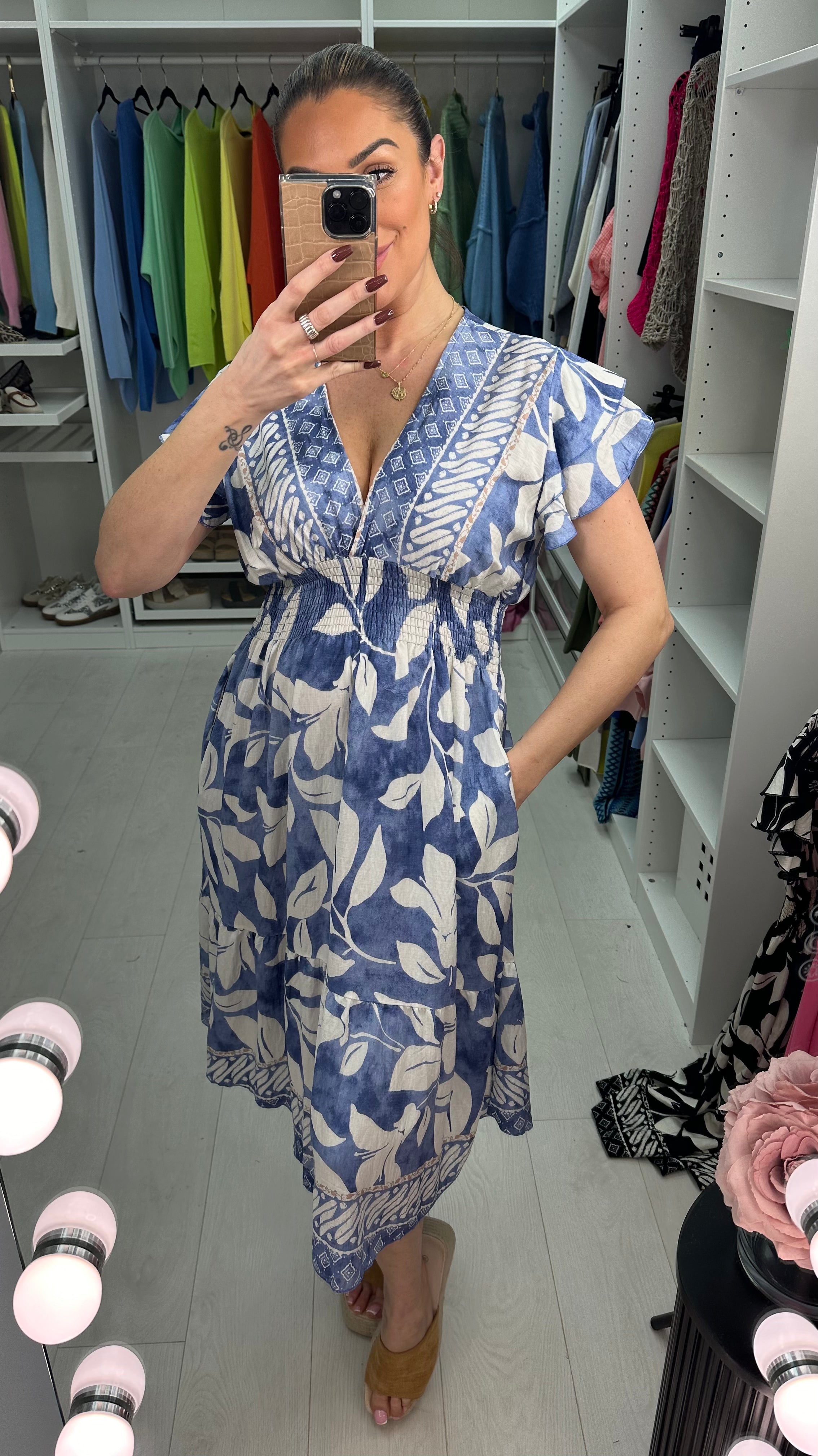Carla Lead Print Shirred Waist V Neck Dress