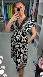 Carla Lead Print Shirred Waist V Neck Dress