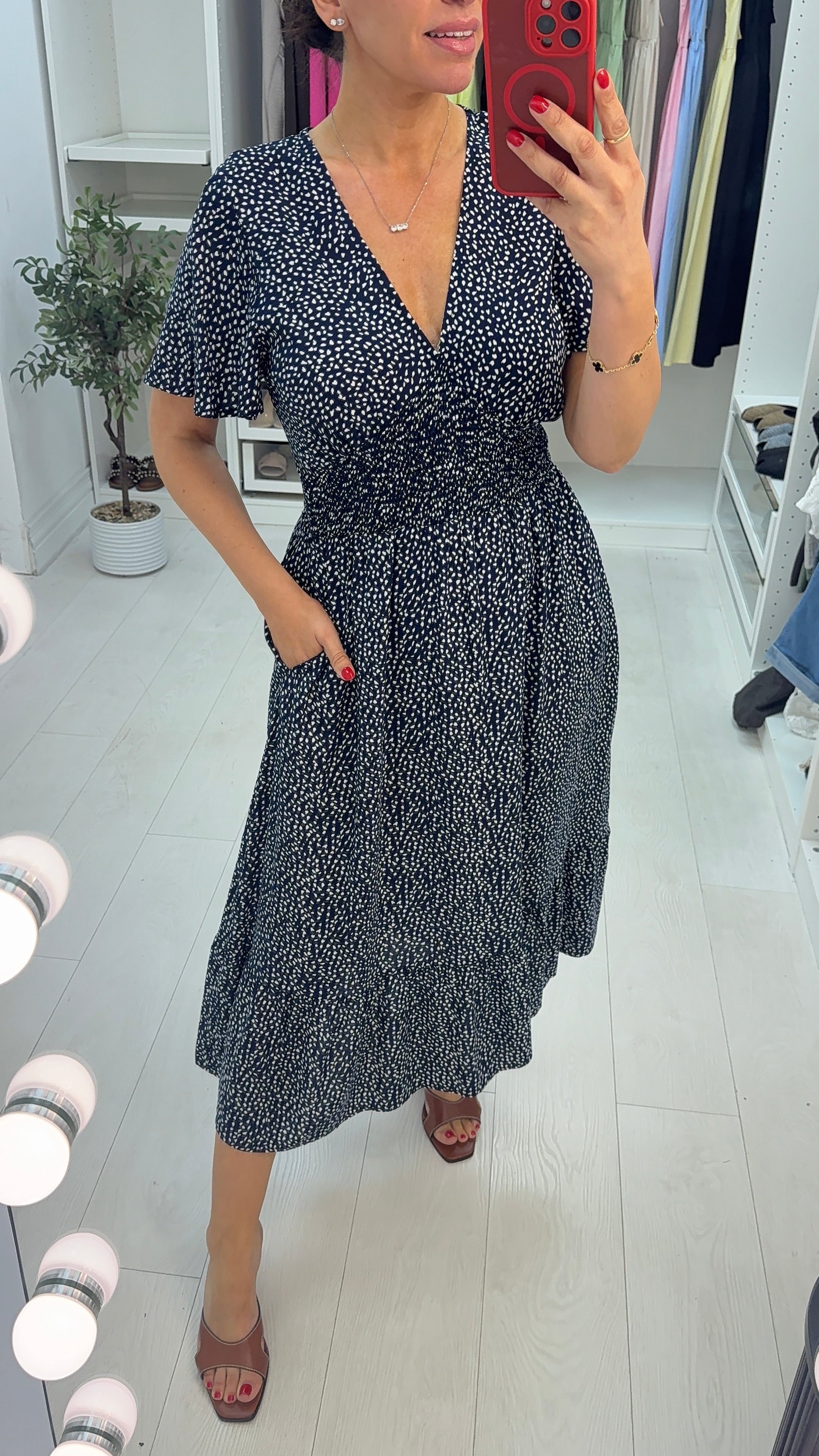 Negin Angel Sleeve Sheered Waist Midi Dress