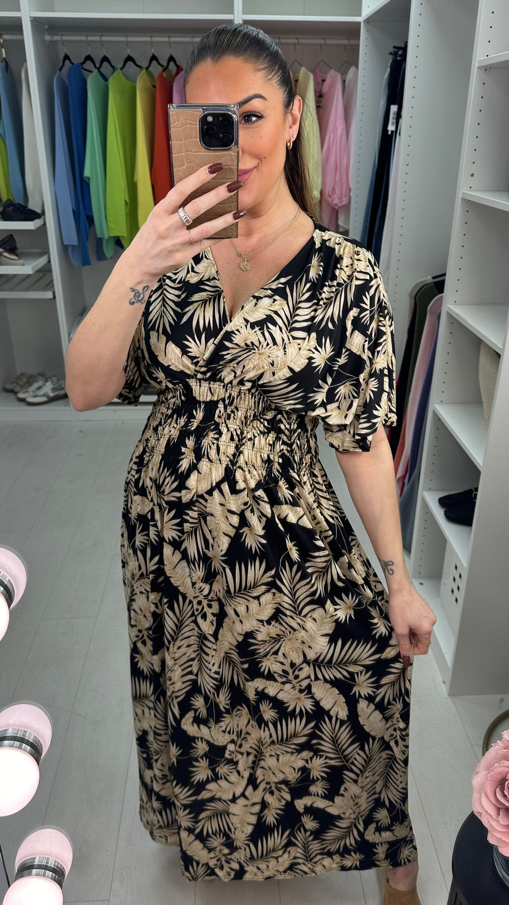 Livvy Leaf Print Shirred Waist Magic Maxi Dress