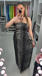Bergamo Grey Leopard Print Elasticated Bust Maxi Dress