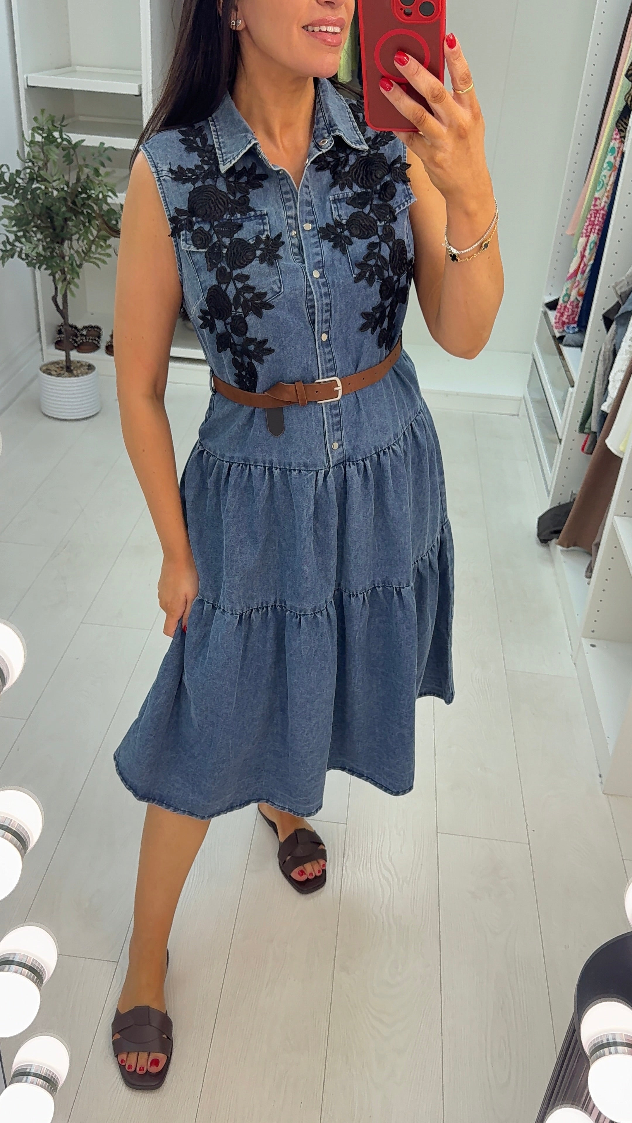 Hera Sleeveless Floral Denim Dress with Belt