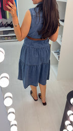 Hera Sleeveless Floral Denim Dress with Belt