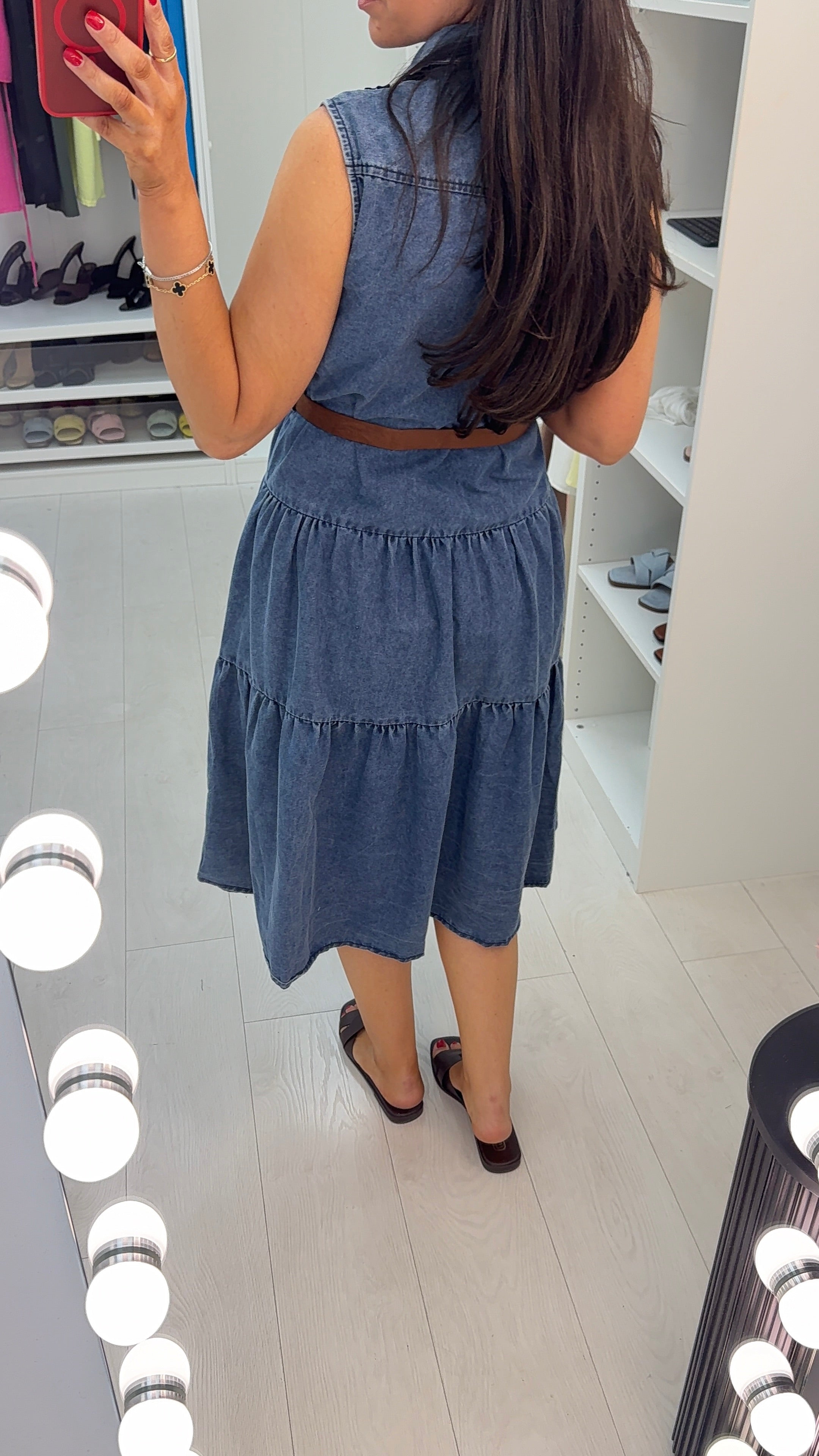 Hera Sleeveless Floral Denim Dress with Belt