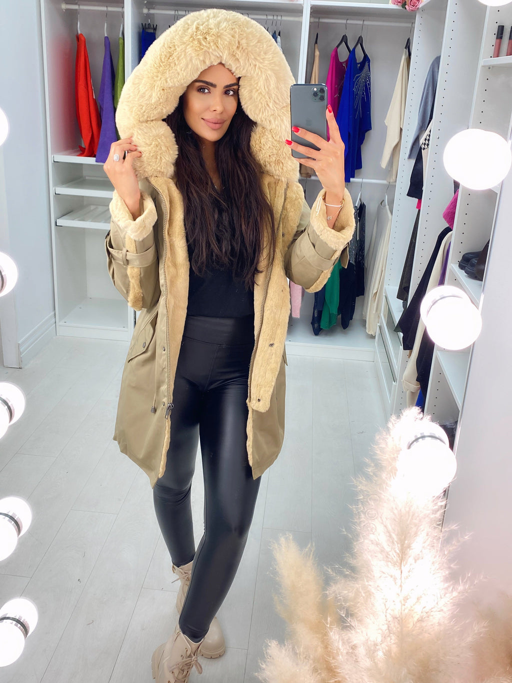 Kimzey Taupe Lush Faux Fur Hooded Coat