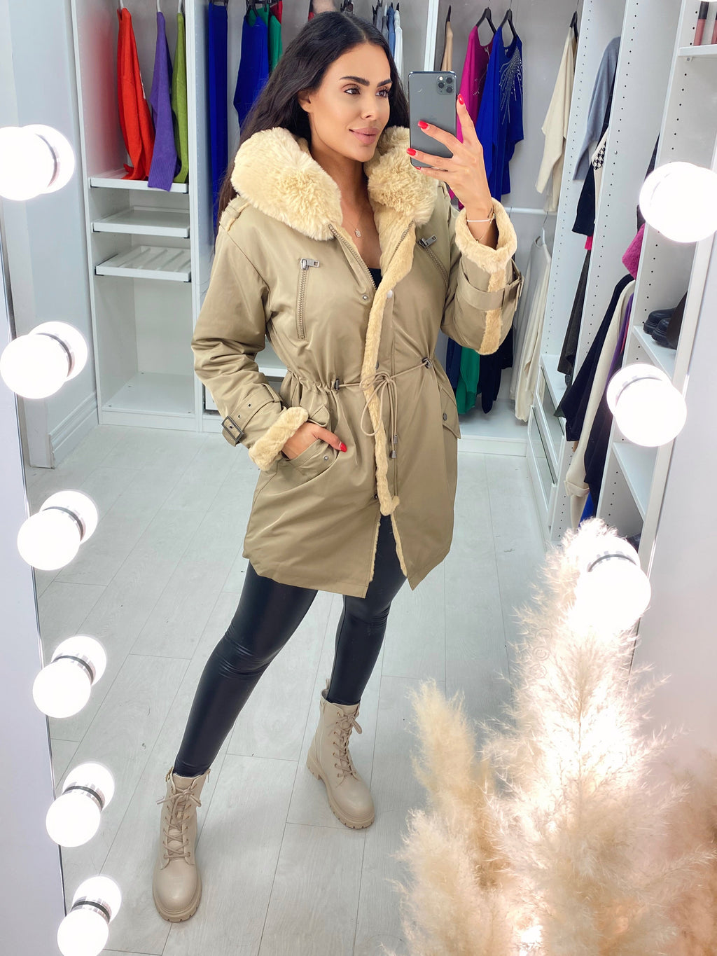 Kimzey Taupe Lush Faux Fur Hooded Coat
