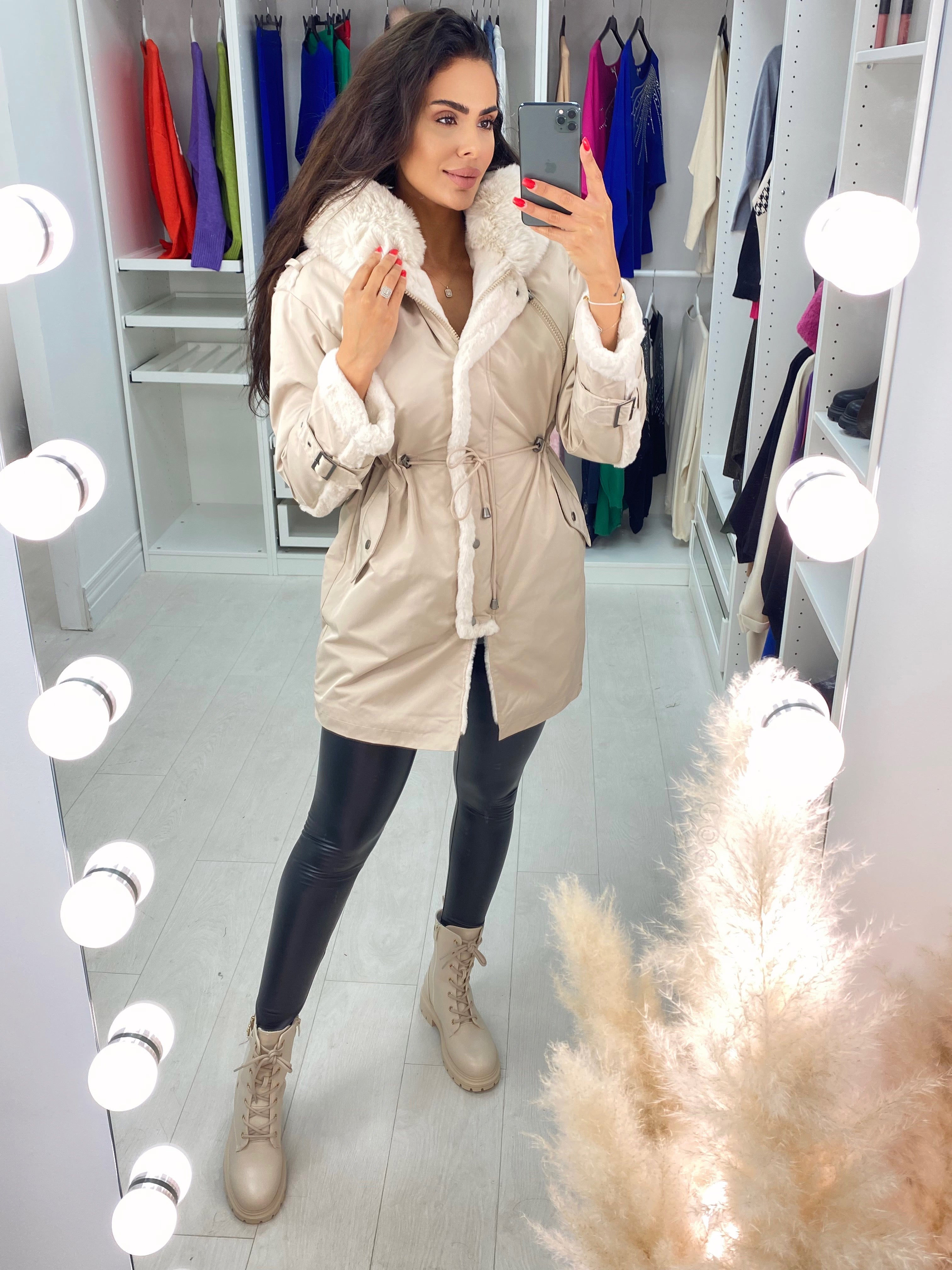 Kimzey Beige Lush Faux Fur Hooded Coat