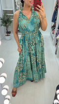 Bellamy Aqua Halterneck Embellished Tiered Dress