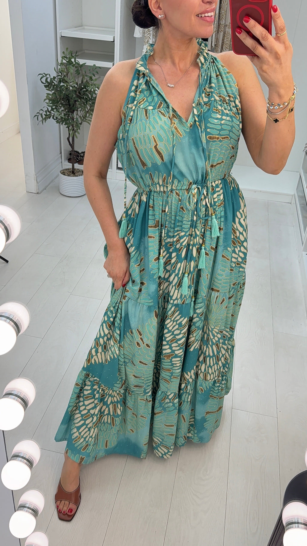 Bellamy Aqua Halterneck Embellished Tiered Dress