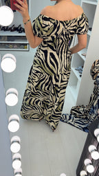 Xena Zebra Print Off-Shoulder Maxi Dress