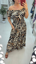 Xena Zebra Print Off-Shoulder Maxi Dress