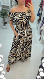 Xena Zebra Print Off-Shoulder Maxi Dress