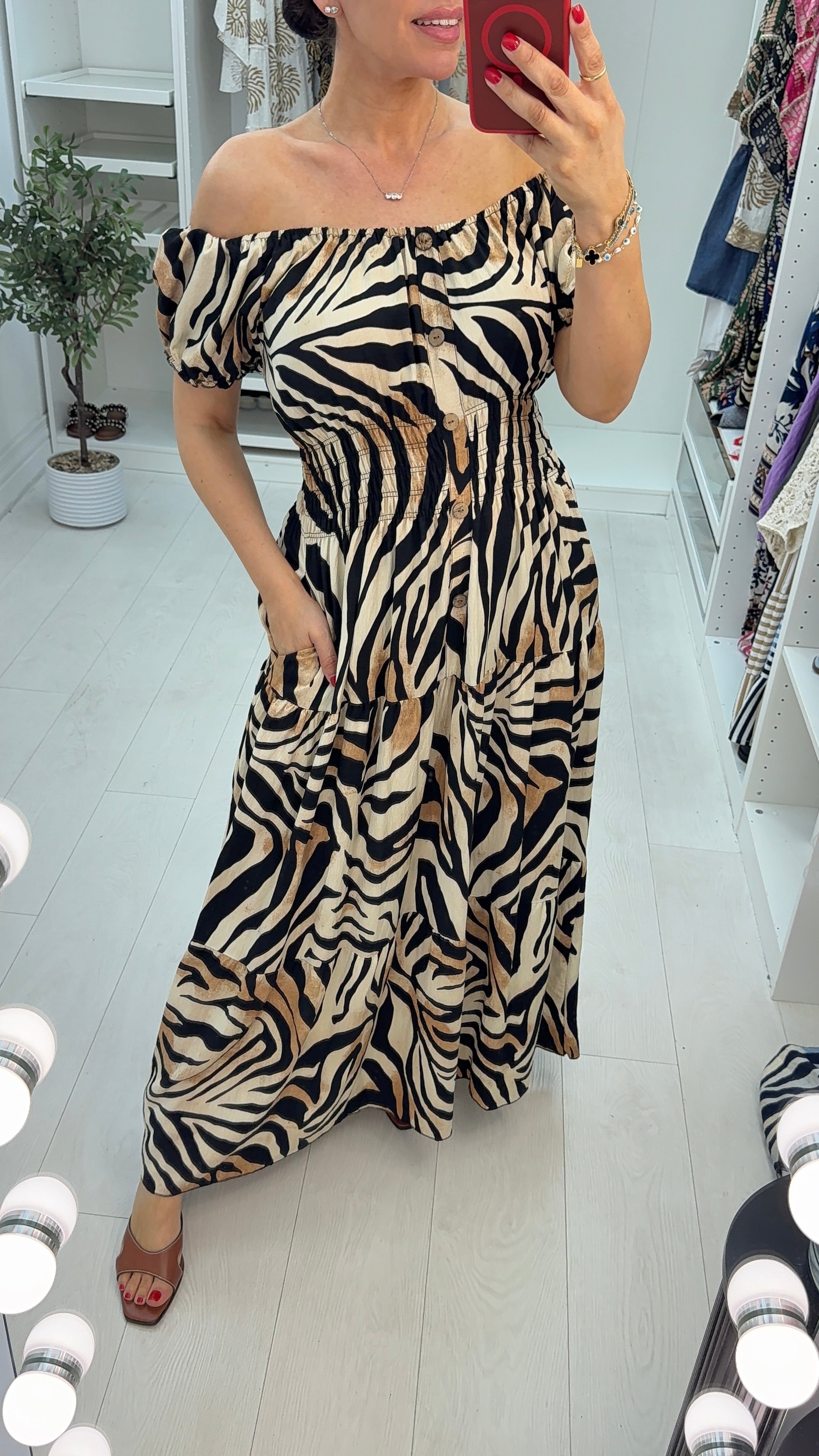 Xena Zebra Print Off-Shoulder Maxi Dress