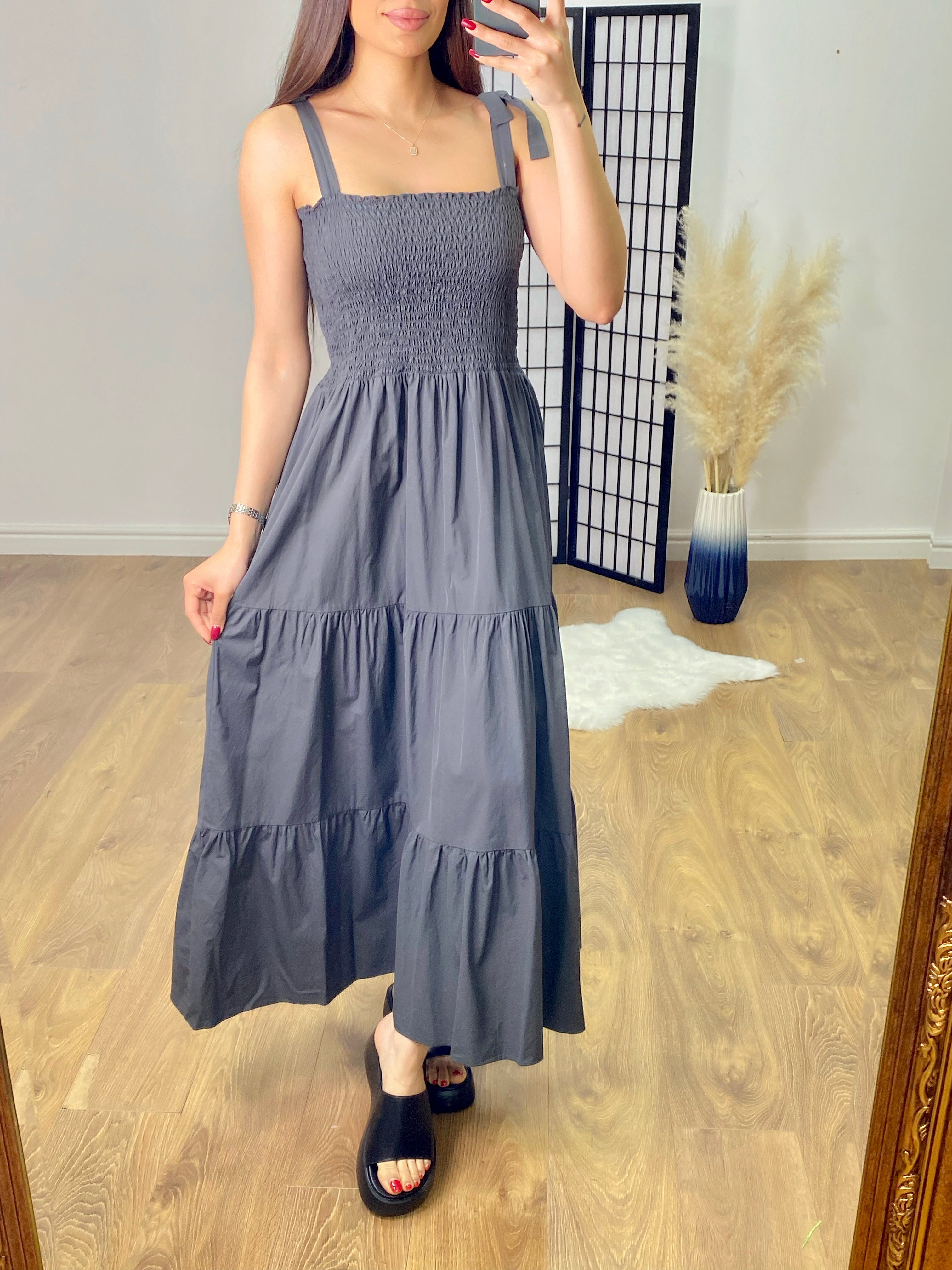 Leonardo Plain Shirred Tiered Hem Maxi Dress