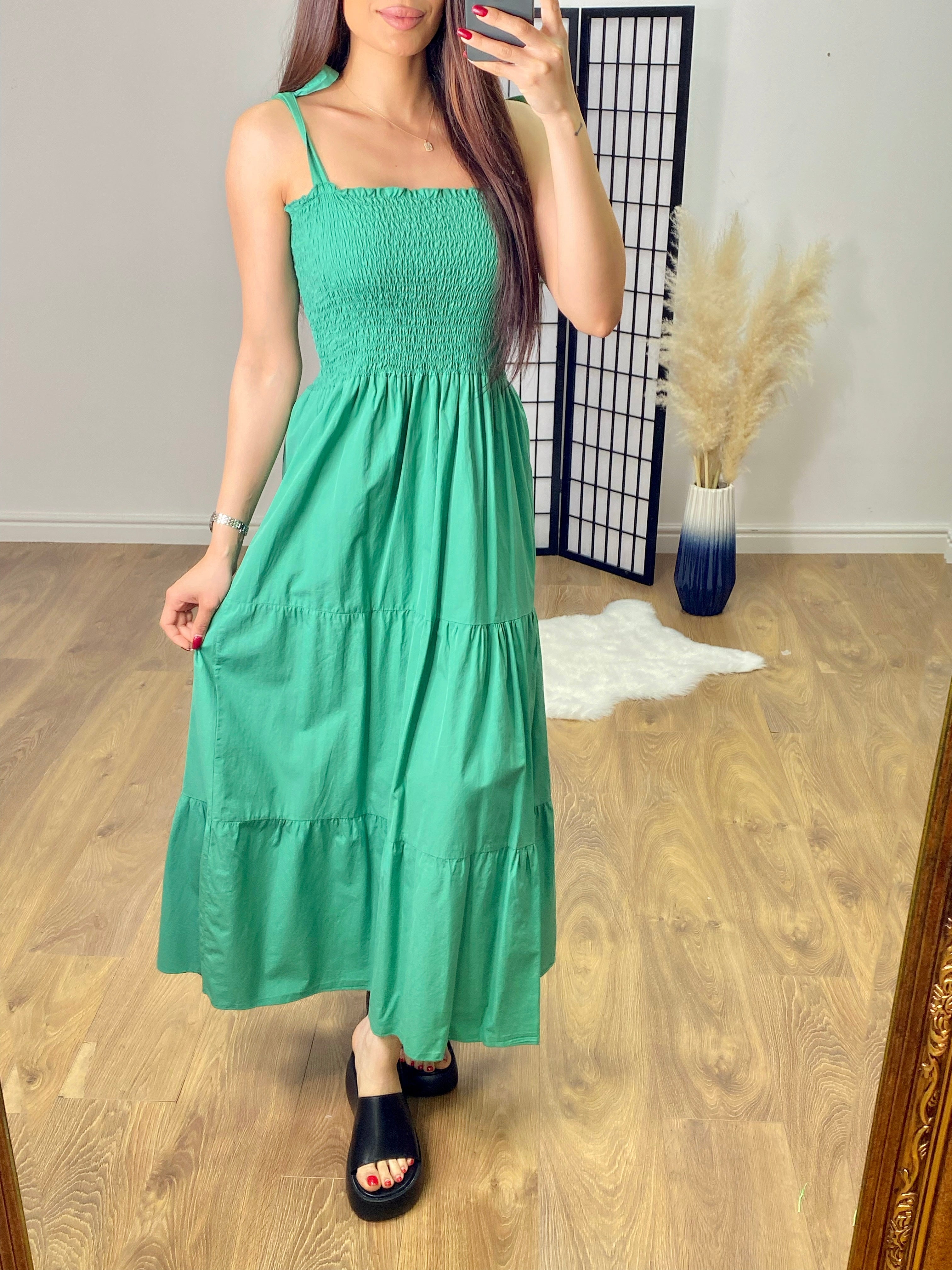 Leonardo Plain Shirred Tiered Hem Maxi Dress