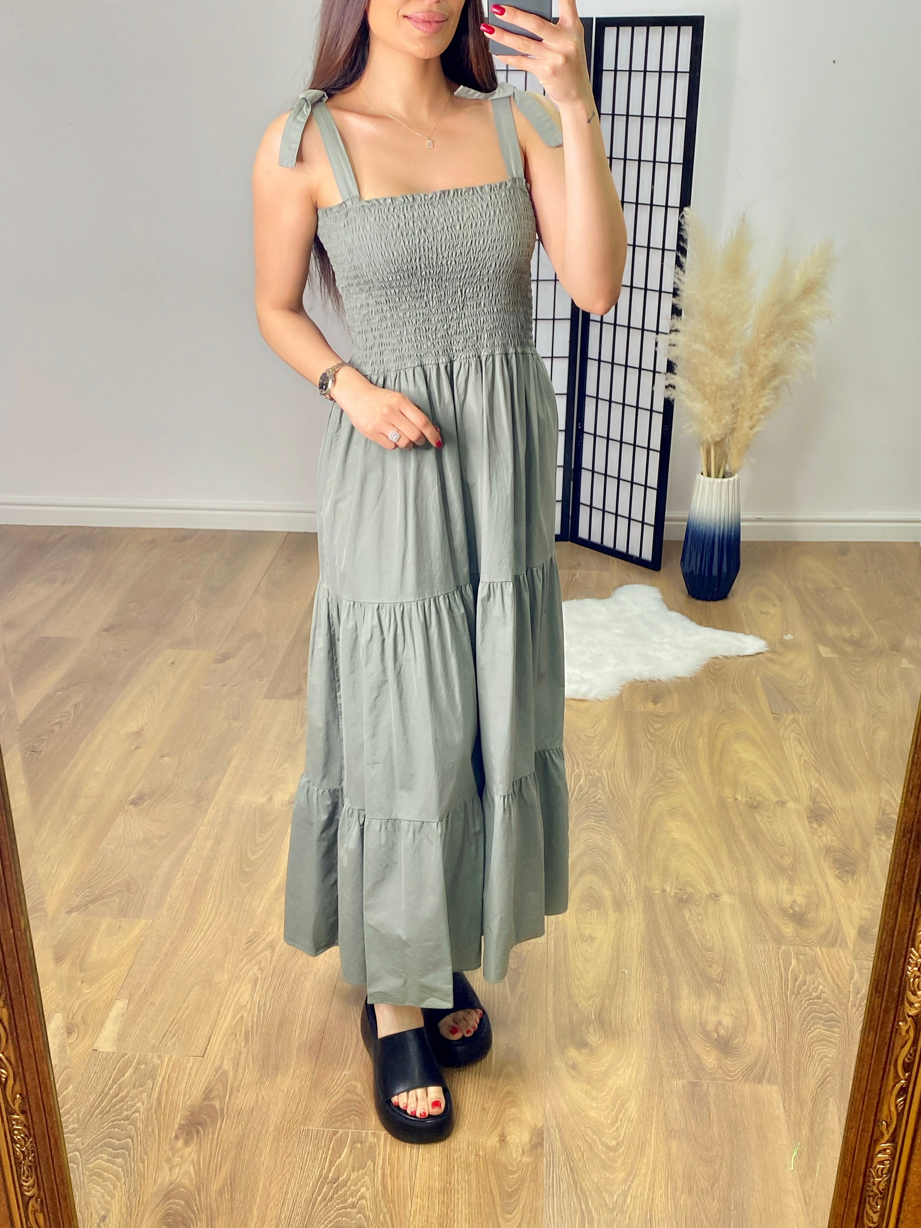 Leonardo Plain Shirred Tiered Hem Maxi Dress