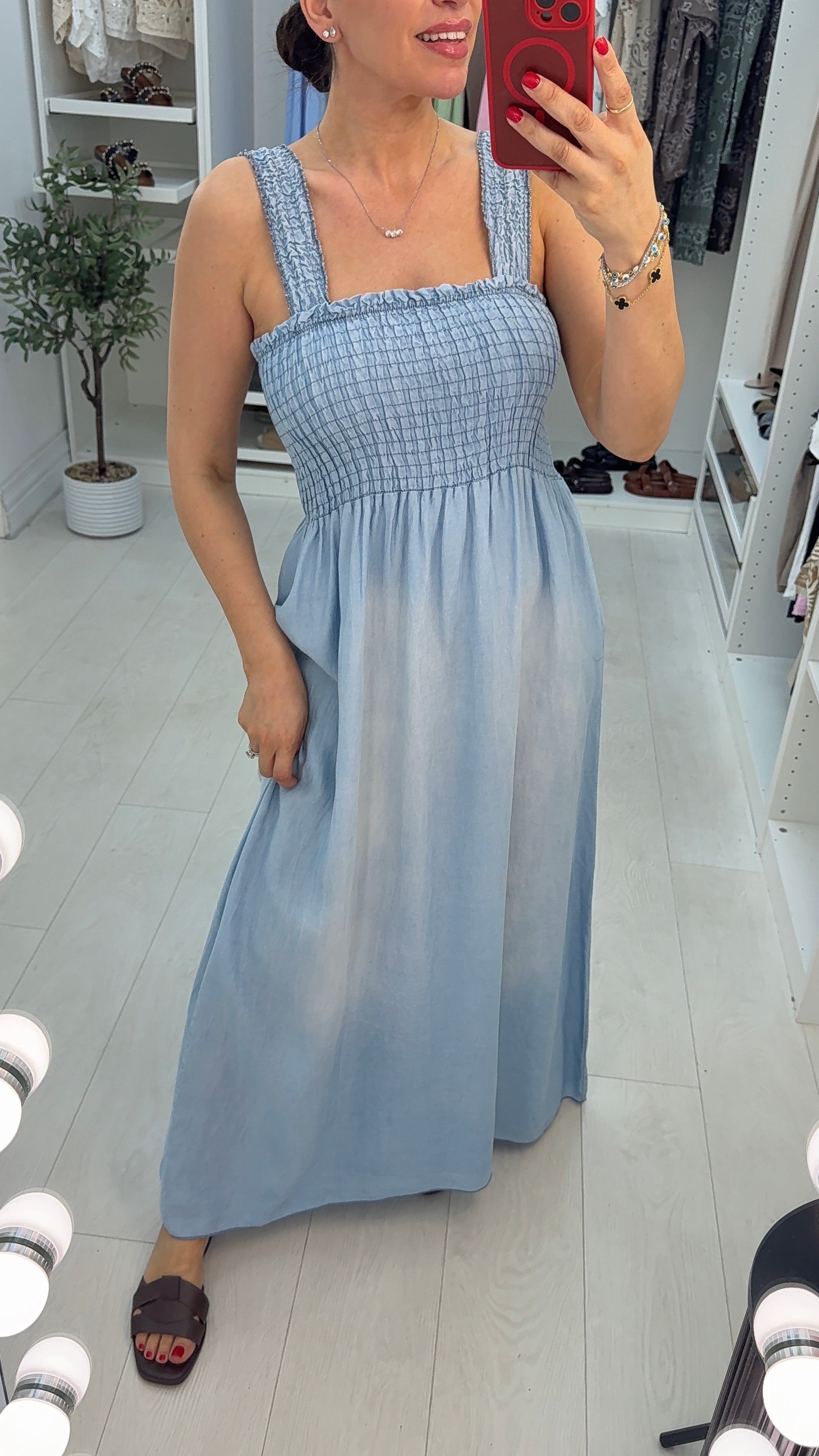 Joana Shirred Bust Denim Maxi Dress