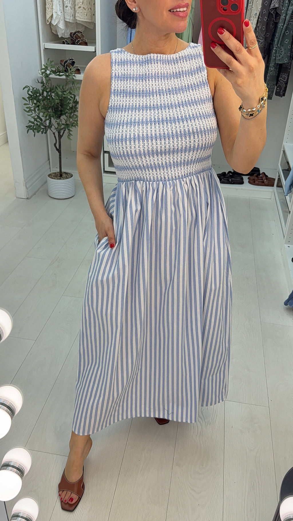 Nadalia Striped Shirred Bust Poplin Dress