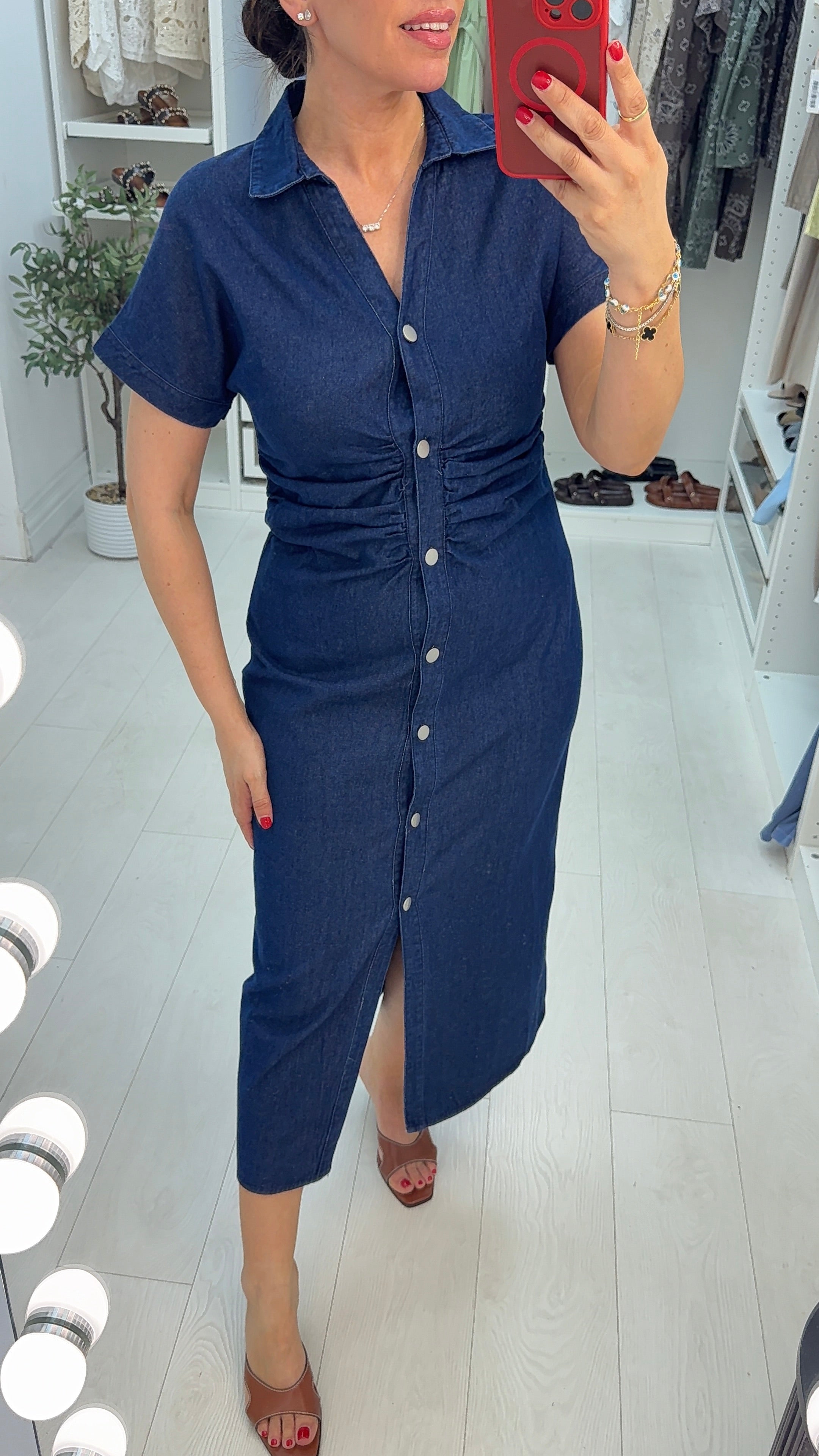 Greer Ruched Denim Look Midi Dress