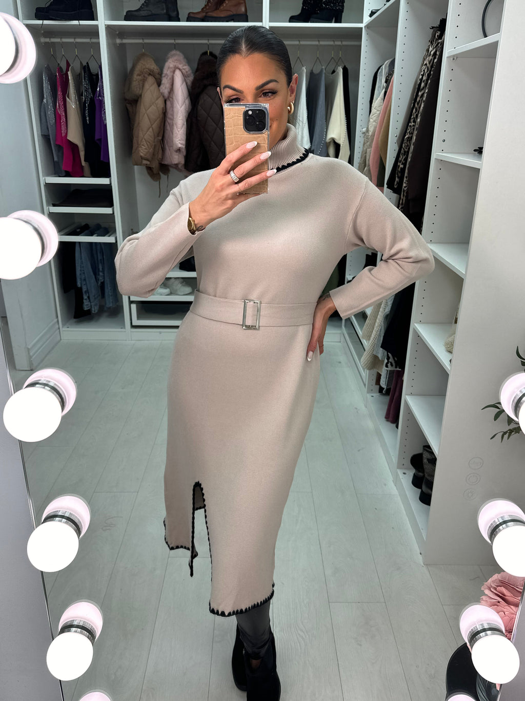 Celeste Stitch Detail Belted Jumper Dress