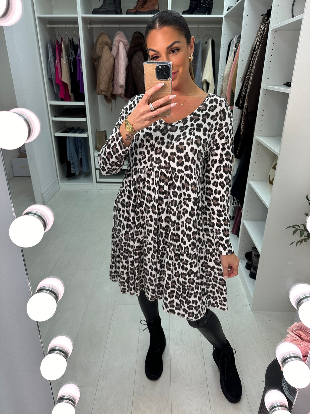 Finlee Leopard Print Knitted Smock Dress