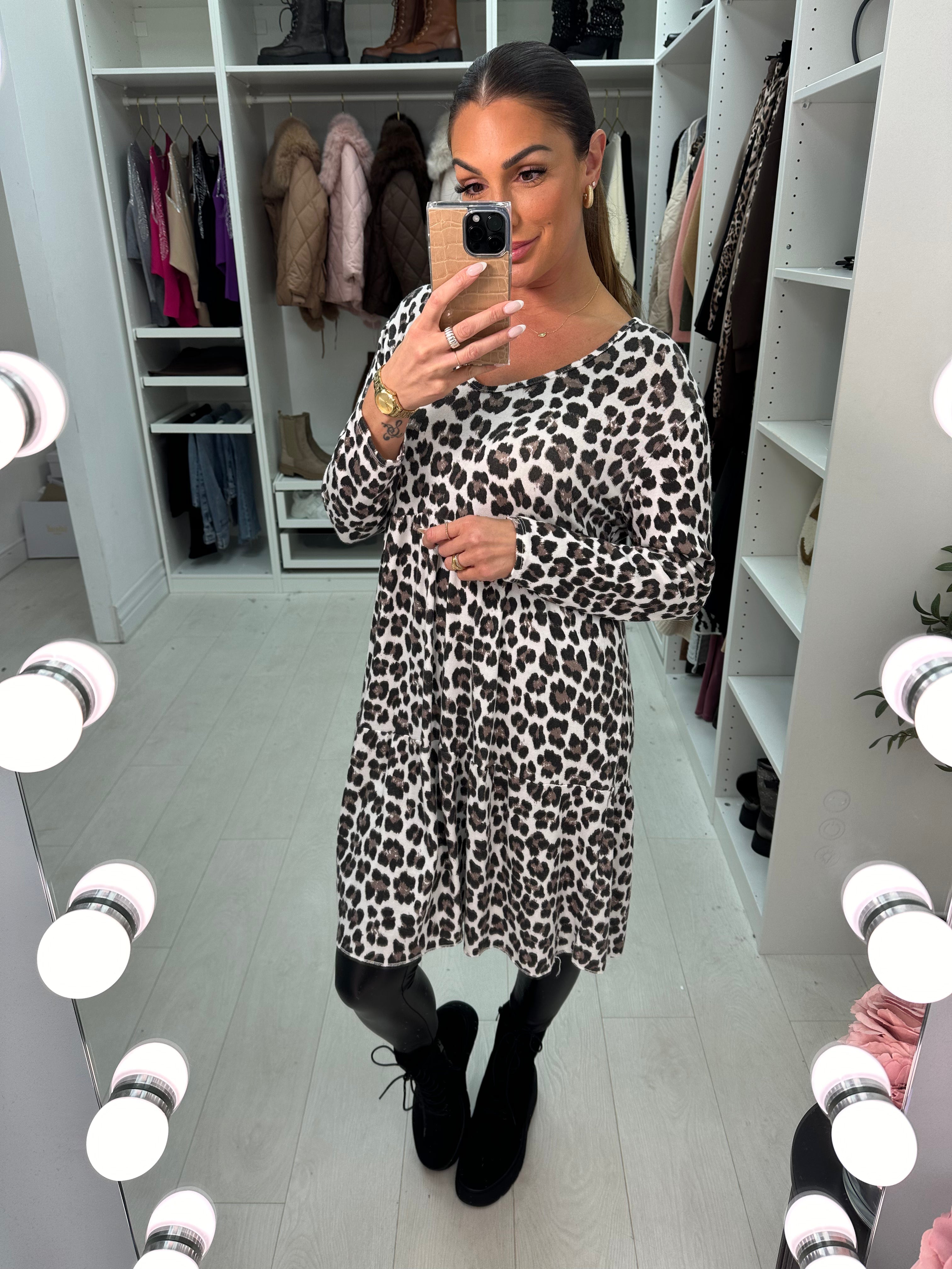 Finlee Leopard Print Knitted Smock Dress