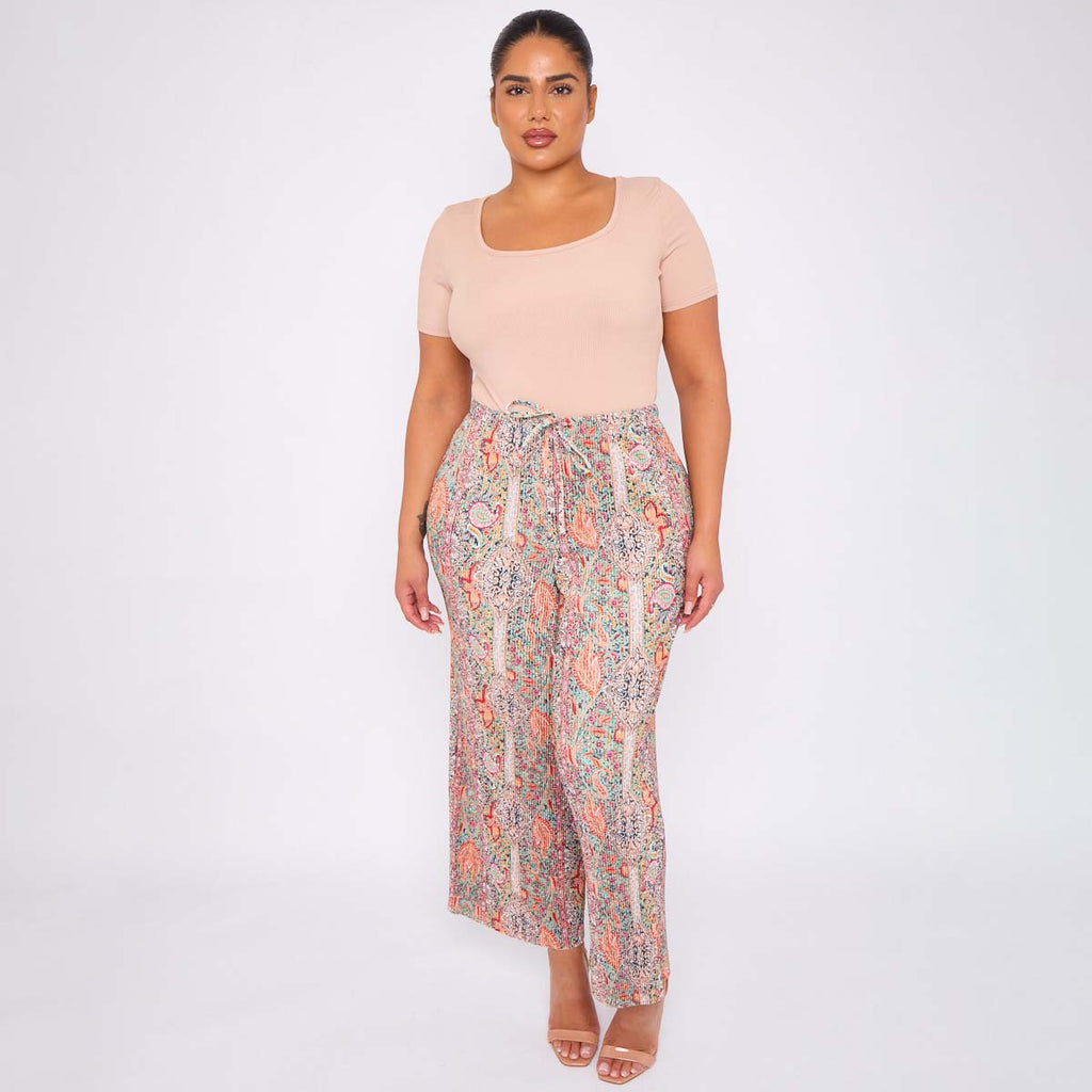 Multicolor Paisley Print Abstract Print Wide-Leg Drawstring Palazzo Pleated Pants