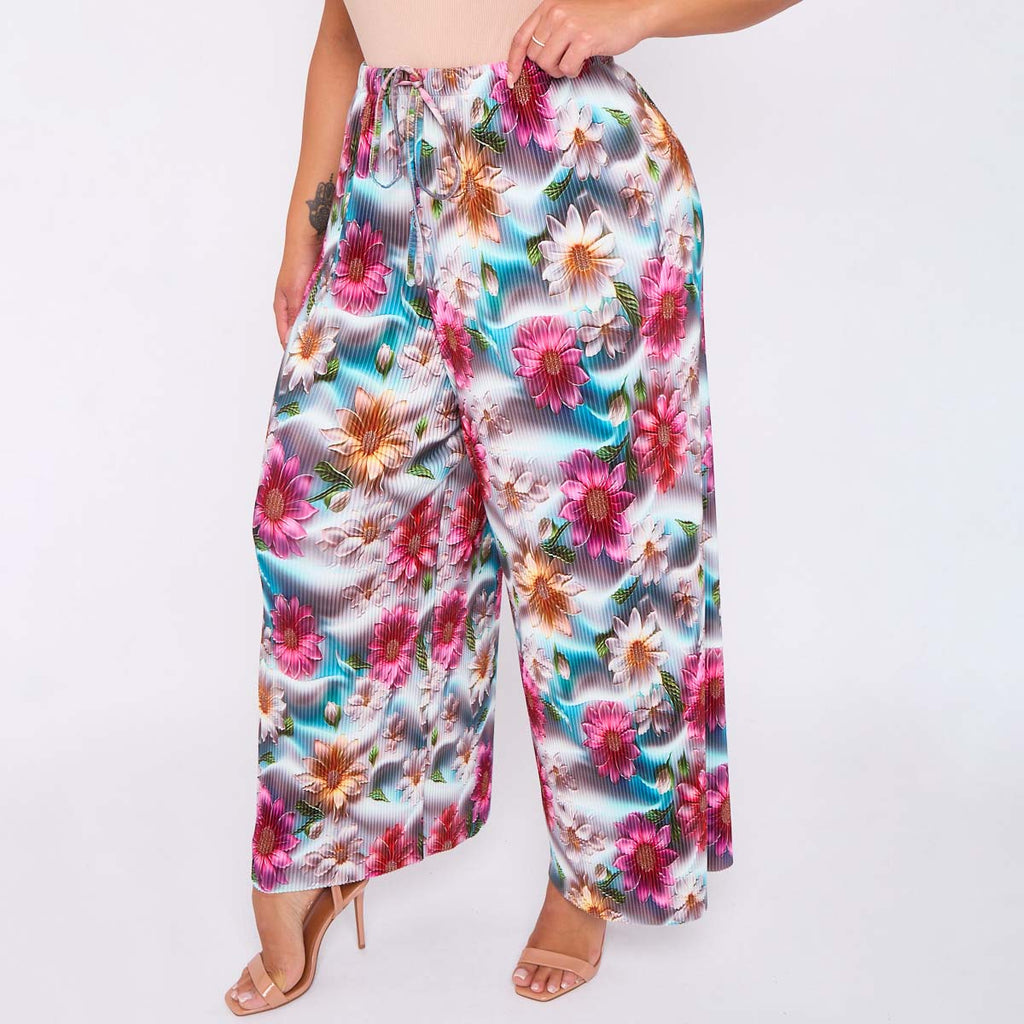 Vibrant Floral Print Abstract Wide-Leg Drawstring Palazzo Pleated Pants